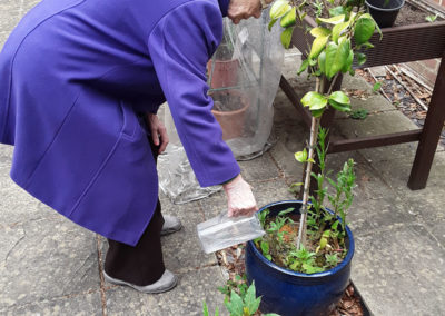 Lady residents watering the garden at Lulworth House 4