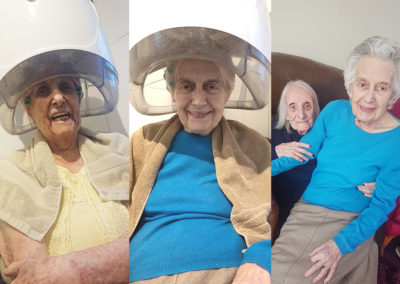 Ladies at Lulworth House Residential Care Home smiling while having their hair done