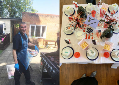 Lulworth House Residential Care Home staff member barbecuing burgers for a Hollywood themed party