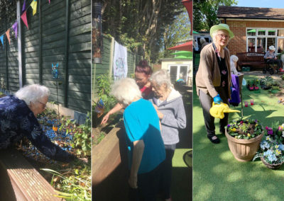 Ladies at Lulworth House Residential Care Home tending the raised flower beds and watering pot plants in the garden
