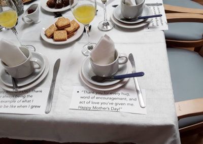 Table set with Mother's Day messages at Lulworth House