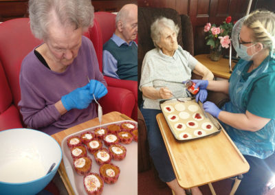 Lulworth House Residential Care Home residents decorating cupcakes and filling tarts with jam