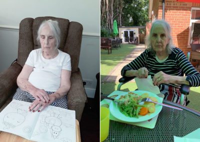 Lulworth House Residential Care Home resident with a colouring book inside and outside having lunch
