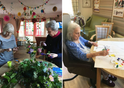 Lulworth House Residential Care Home residents enjoying flower arranging and Art Therapy