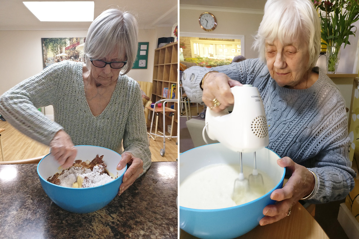 Lulworth House Residential Care Home residents mixing ingredients during Baking Club