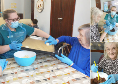 Residents making making coconut macaroons and cake truffles at Lulworth House Residential Care Home