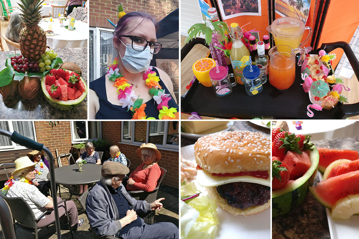 Tropical themed BBQ in the garden at Lulworth House Residential Care Home