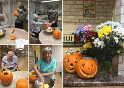 Halloween flower arranging with pumpkins at Lulworth House Residential Care Home