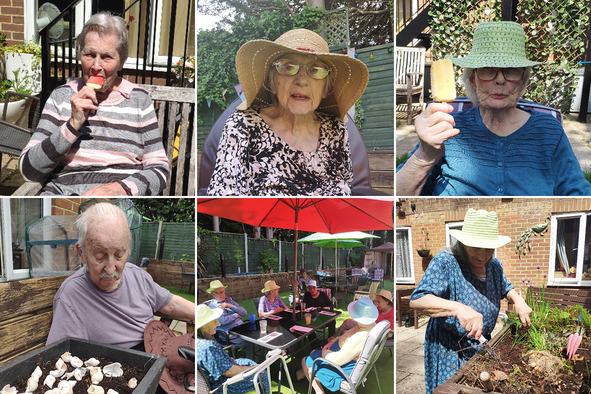 Enjoying activities and lunch in the garden at Lulworth House Residential Care Home