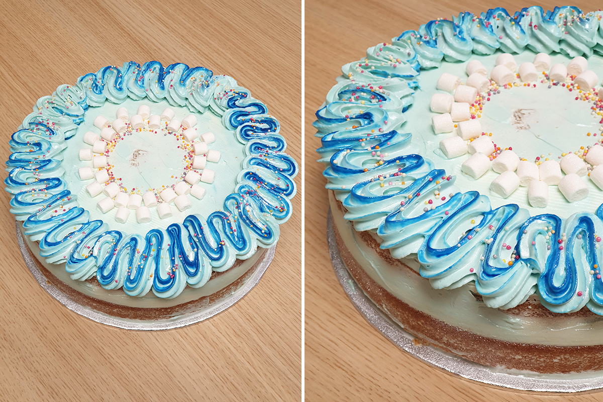 Blue iced birthday cake at Lulworth House Residential Care Home