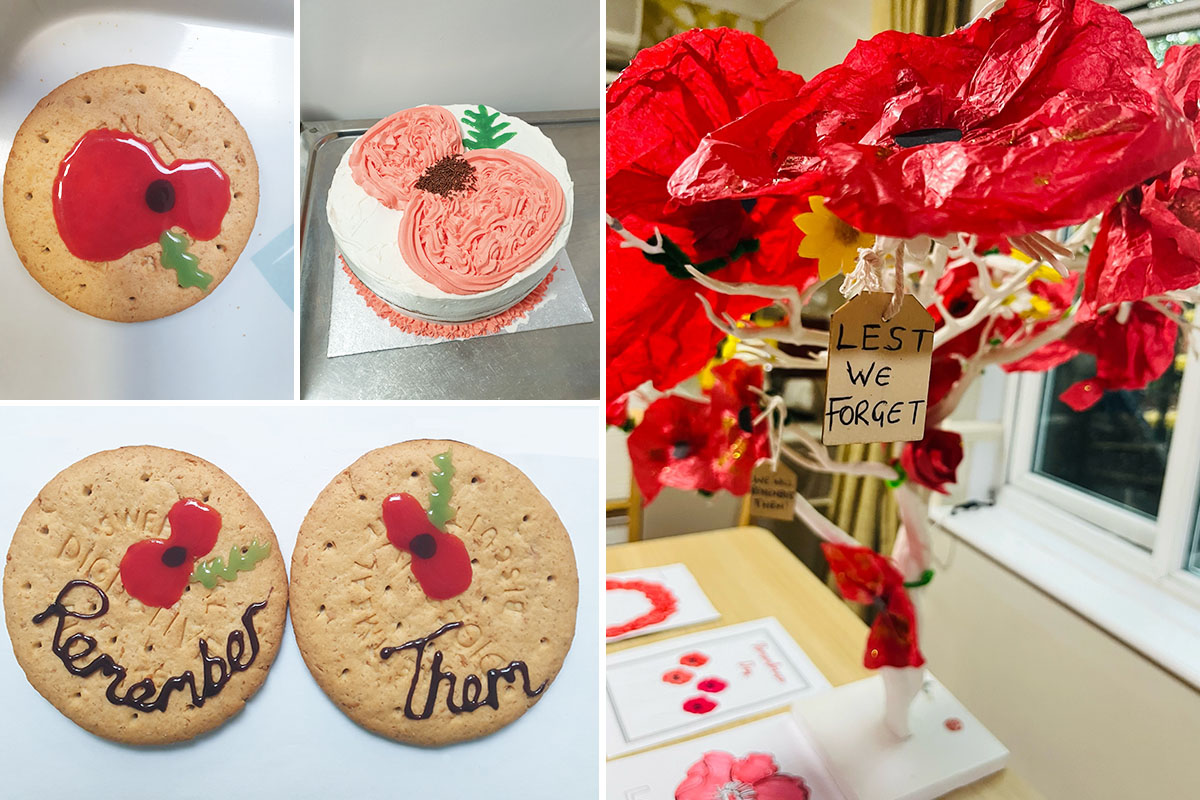 Poppy biscuits, cake and tree display at Lulworth House Residential Care Home