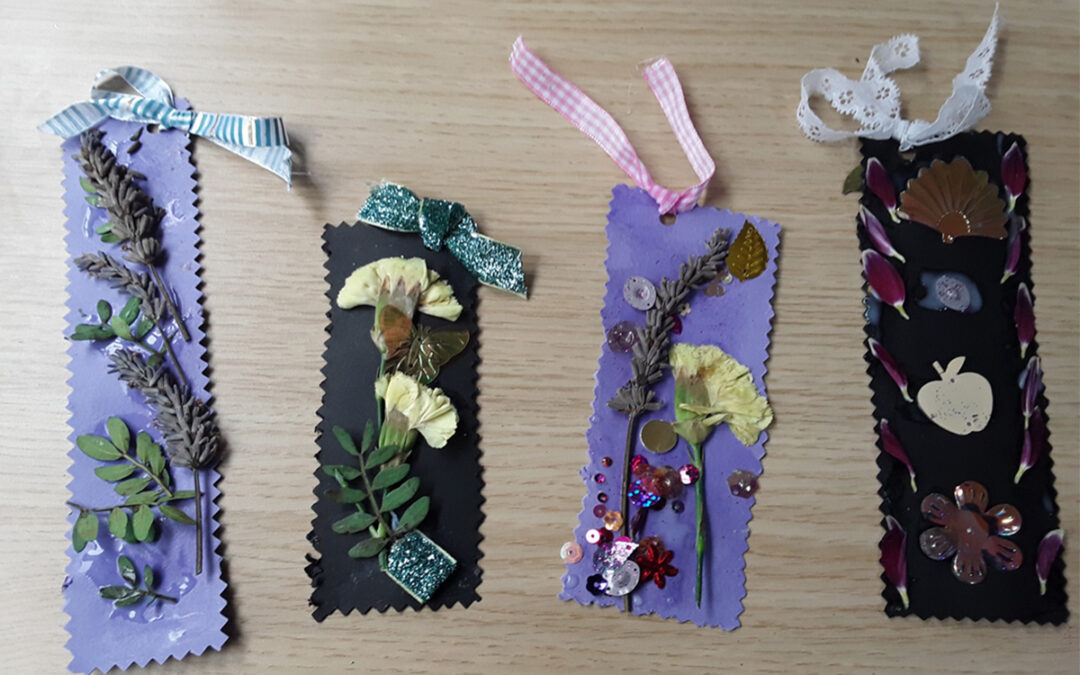 Making flower bookmarks at Lulworth House Residential Care Home