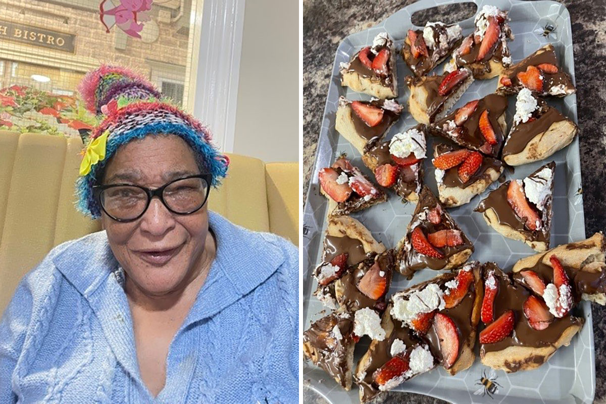 Resident in a fun Hat and Nutella pizzas at Lulworth House Residential Care Home