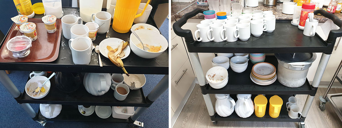 Tidying our tea trolleys at Lulworth House Residential Care Home