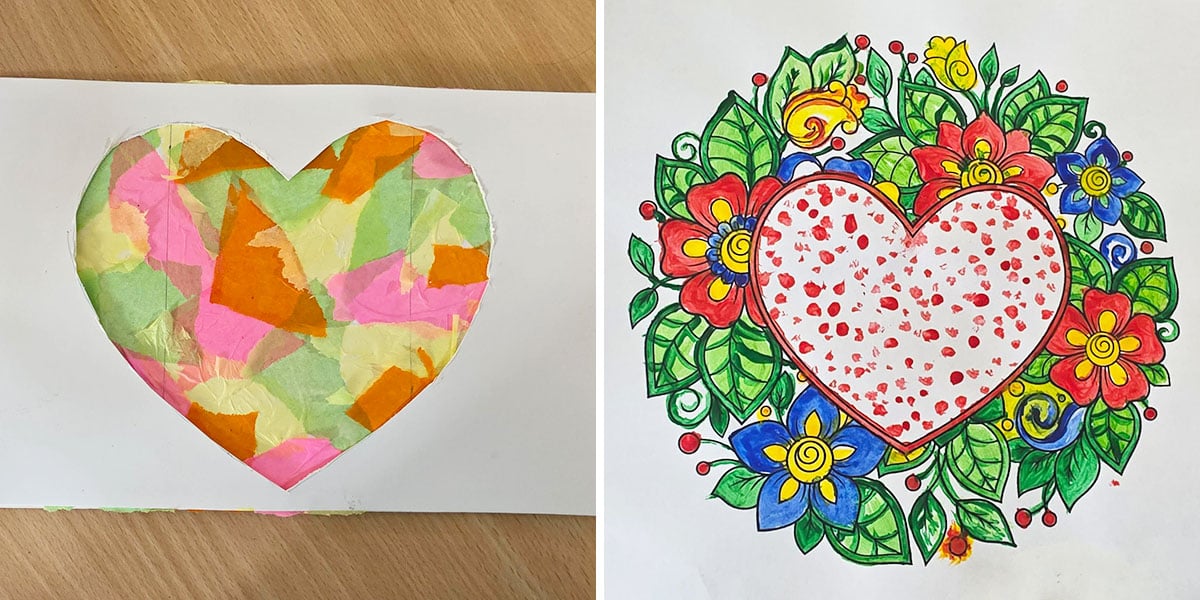 Examples of heart themed art made by residents at Lulworth House Residential Care Home.