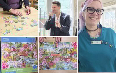 Residents at Lulworth House enjoying a live swing music performance and taking part in National Puzzle Day activities, including completing jigsaw puzzles, with team members wearing puzzle-themed accessories.