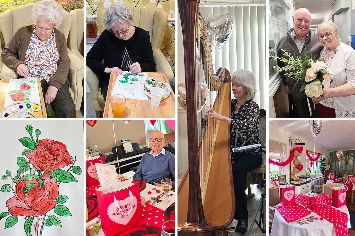 Residents painting colourful roses, Valentines celebrations, decorations and a harpist performing at Lulworth House.