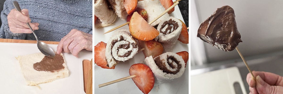 Residents at Lulworth House preparing sweet treats for World Nutella Day, spreading Nutella on bread, creating rolled sandwich bites with strawberries, and dipping them in melted chocolate.